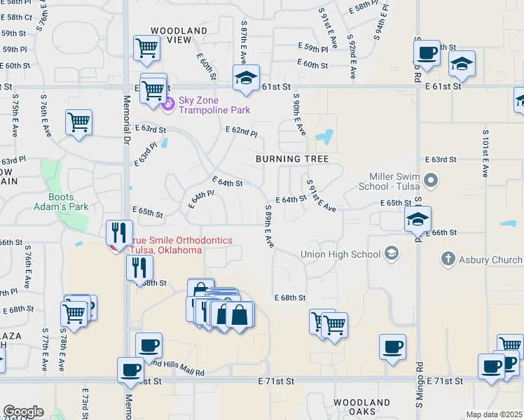 map of restaurants, bars, coffee shops, grocery stores, and more near 6426 South 88th East Place in Tulsa