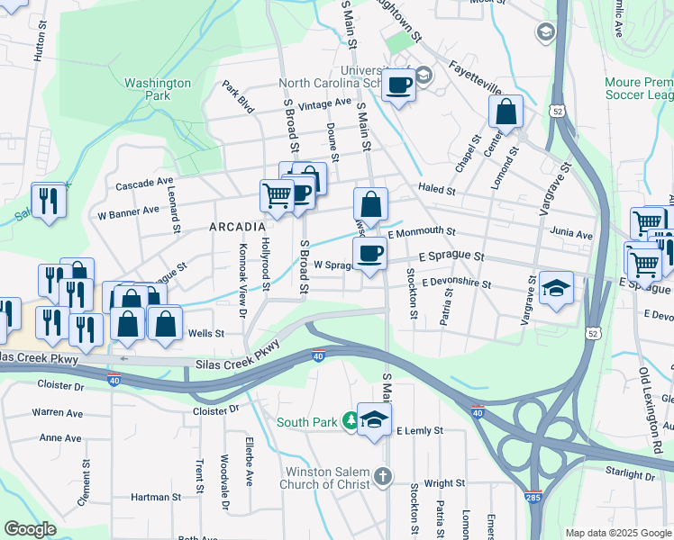 map of restaurants, bars, coffee shops, grocery stores, and more near 108 West Sprague Street in Winston-Salem