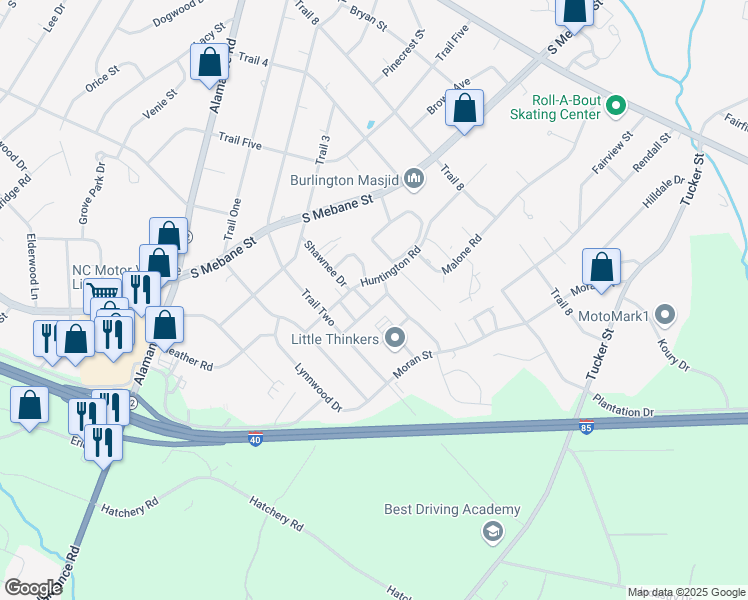 map of restaurants, bars, coffee shops, grocery stores, and more near 35 Sherry Drive in Burlington