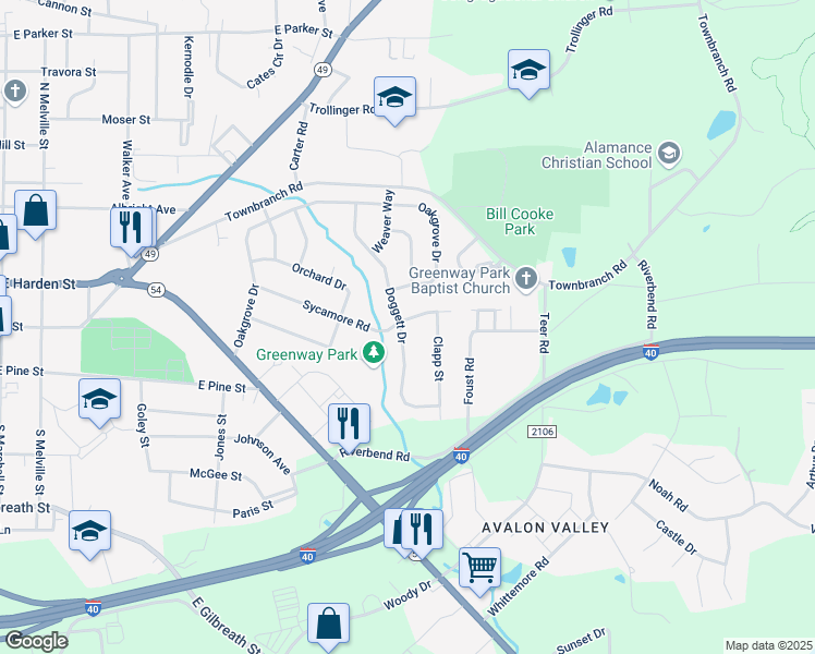 map of restaurants, bars, coffee shops, grocery stores, and more near 901 Sycamore Road in Graham