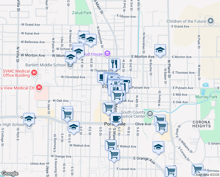 map of restaurants, bars, coffee shops, grocery stores, and more near 197 North Hockett Street in Porterville