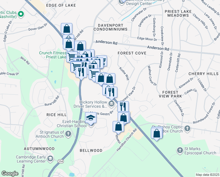 map of restaurants, bars, coffee shops, grocery stores, and more near 2724 Murfreesboro Pike in Nashville
