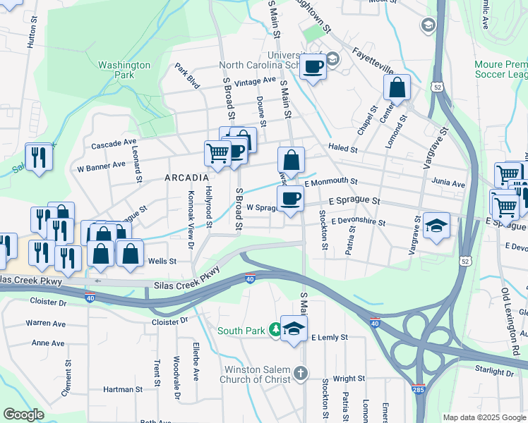 map of restaurants, bars, coffee shops, grocery stores, and more near 108 West Sprague Street in Winston-Salem