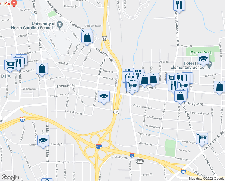 map of restaurants, bars, coffee shops, grocery stores, and more near 445 East Sprague Street in Winston-Salem