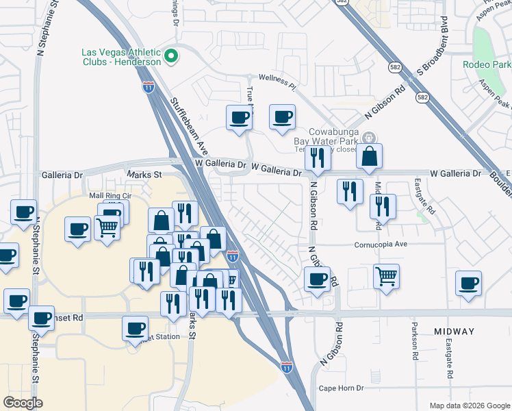 map of restaurants, bars, coffee shops, grocery stores, and more near 760 Crest Valley Place in Henderson