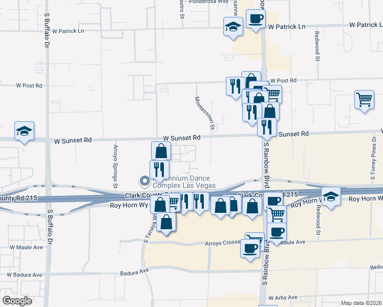 map of restaurants, bars, coffee shops, grocery stores, and more near 7101 West Sunset Road in Las Vegas