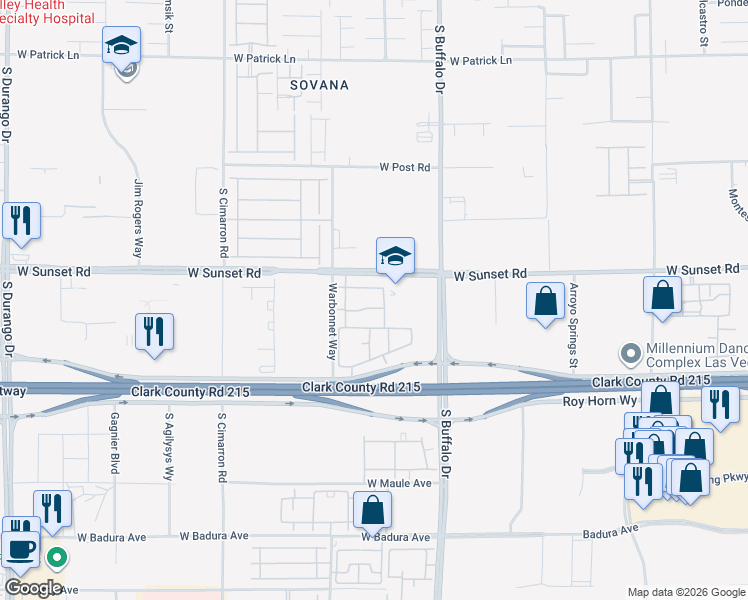 map of restaurants, bars, coffee shops, grocery stores, and more near 7895 West Sunset Road in Las Vegas