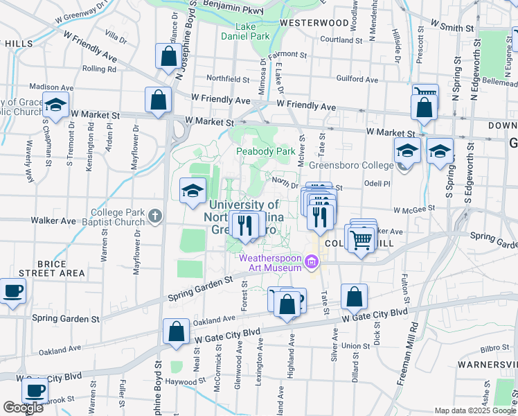 map of restaurants, bars, coffee shops, grocery stores, and more near 320 College Avenue in Greensboro