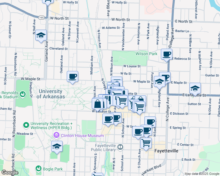 map of restaurants, bars, coffee shops, grocery stores, and more near 409 North West Avenue in Fayetteville