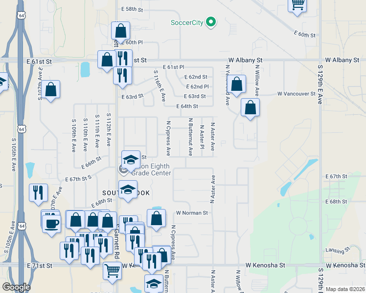 map of restaurants, bars, coffee shops, grocery stores, and more near 1710 East 121th Street in Broken Arrow