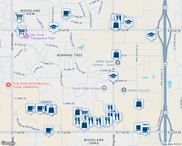 map of restaurants, bars, coffee shops, grocery stores, and more near 6503 South 93rd East Avenue in Tulsa
