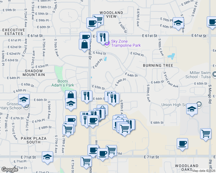 map of restaurants, bars, coffee shops, grocery stores, and more near 8410 East 65th Street in Tulsa