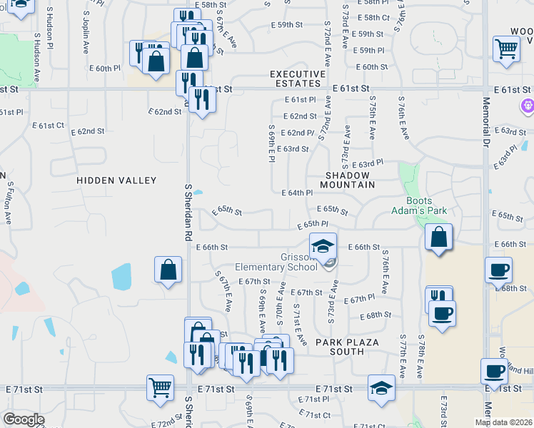 map of restaurants, bars, coffee shops, grocery stores, and more near 6512 South 69th East Place in Tulsa