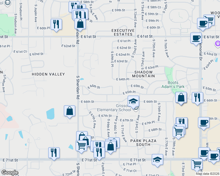 map of restaurants, bars, coffee shops, grocery stores, and more near 6512 South 69th East Place in Tulsa