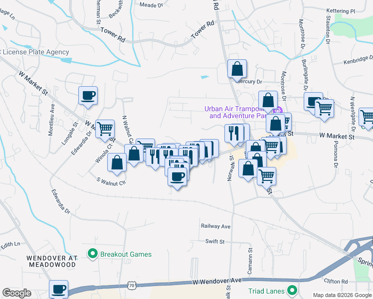map of restaurants, bars, coffee shops, grocery stores, and more near 100 Thornton Court in Greensboro