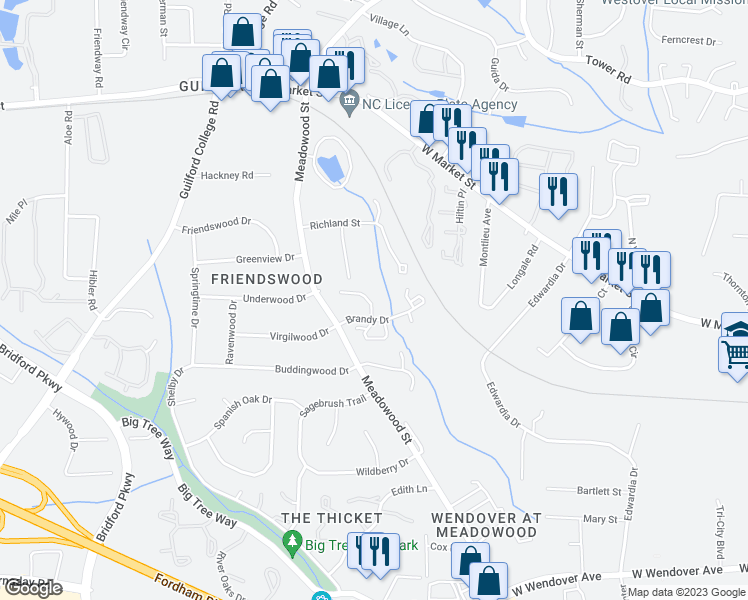 map of restaurants, bars, coffee shops, grocery stores, and more near 10 Brandy Court in Greensboro