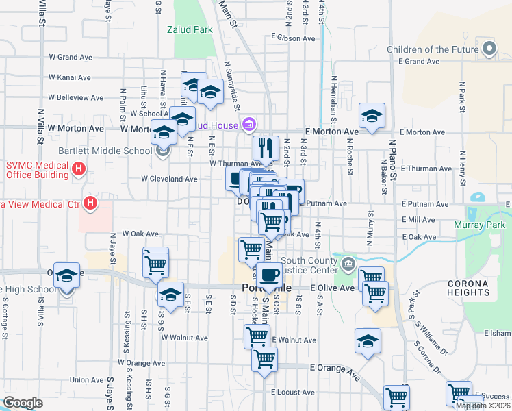 map of restaurants, bars, coffee shops, grocery stores, and more near 197 North Hockett Street in Porterville
