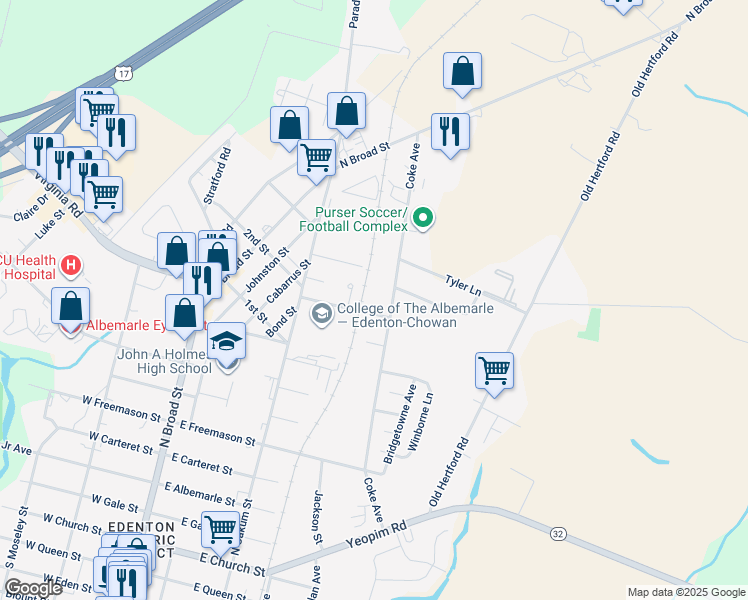 map of restaurants, bars, coffee shops, grocery stores, and more near 307 Coke Avenue in Edenton