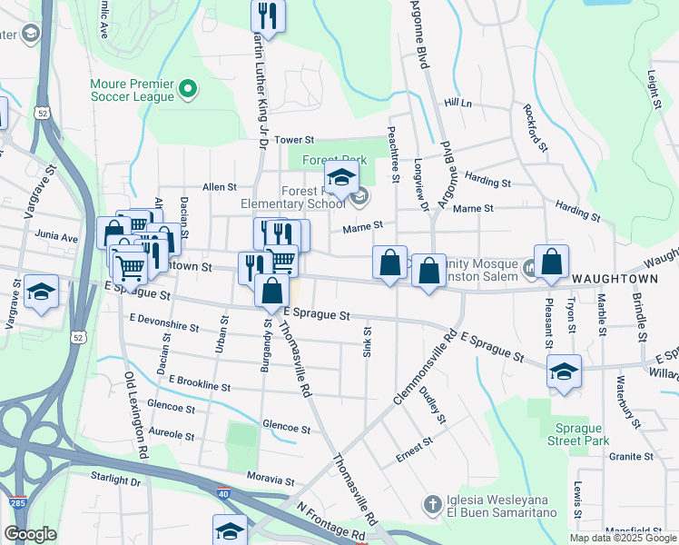 map of restaurants, bars, coffee shops, grocery stores, and more near 1139 Waughtown Street in Winston-Salem