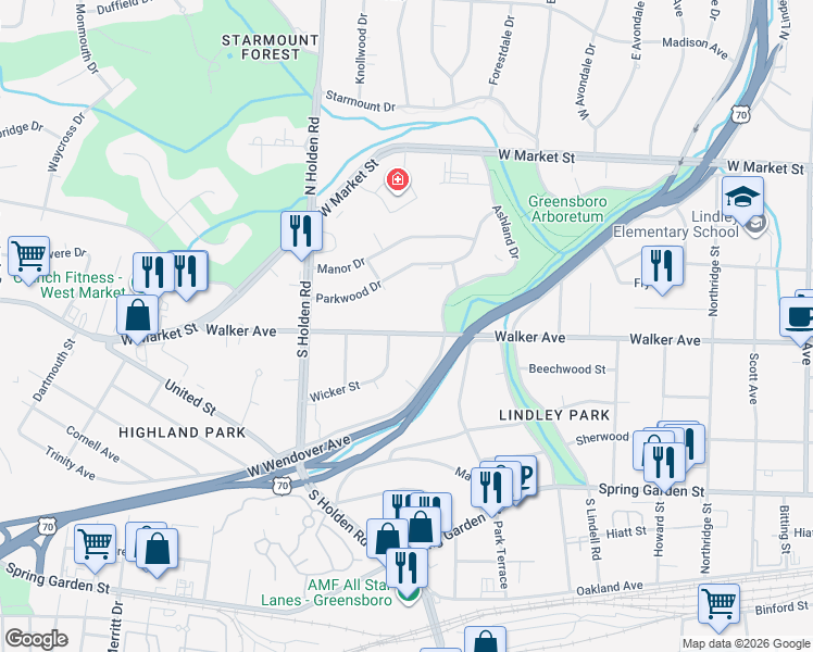 map of restaurants, bars, coffee shops, grocery stores, and more near 3809 Walker Avenue in Greensboro