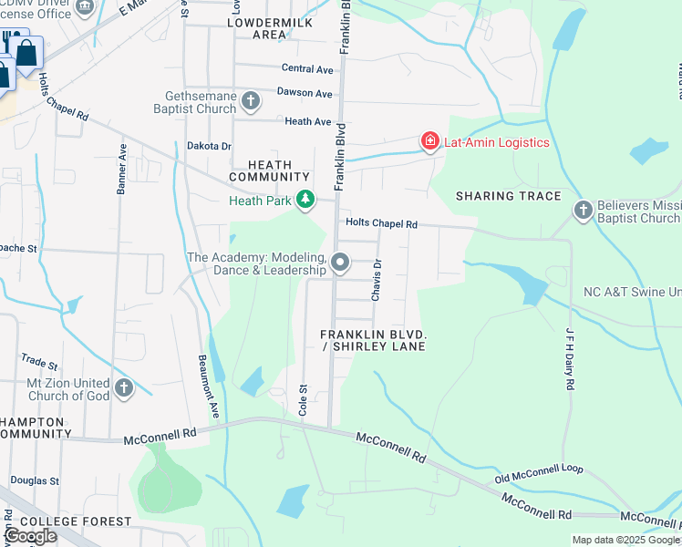 map of restaurants, bars, coffee shops, grocery stores, and more near 625 Franklin Boulevard in Greensboro
