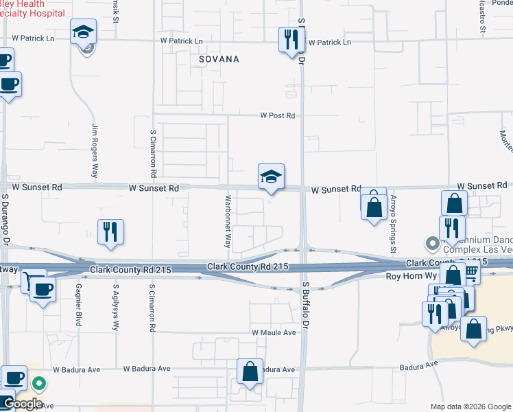 map of restaurants, bars, coffee shops, grocery stores, and more near 7895 West Sunset Road in Las Vegas