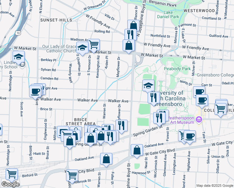 map of restaurants, bars, coffee shops, grocery stores, and more near Mayflower Drive in Greensboro