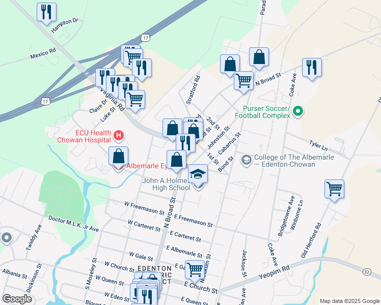 map of restaurants, bars, coffee shops, grocery stores, and more near 712 North Broad Street in Edenton
