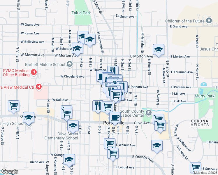 map of restaurants, bars, coffee shops, grocery stores, and more near 41 West Putnam Avenue in Porterville
