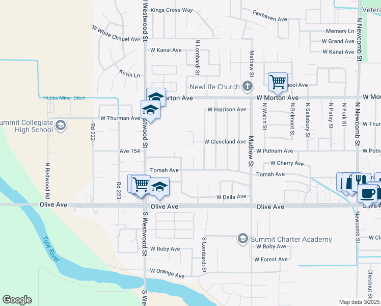 map of restaurants, bars, coffee shops, grocery stores, and more near 181-191 North Red Oak Drive in Porterville