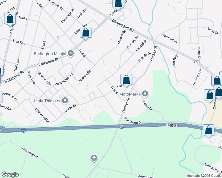 map of restaurants, bars, coffee shops, grocery stores, and more near 2303 Moran Street in Burlington