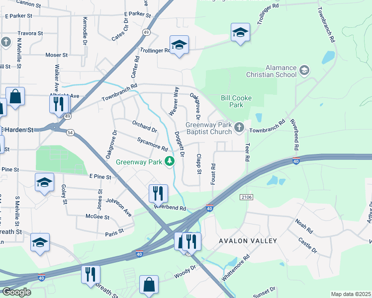 map of restaurants, bars, coffee shops, grocery stores, and more near 901 Sycamore Road in Graham