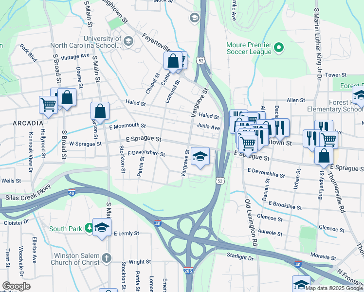 map of restaurants, bars, coffee shops, grocery stores, and more near 348 East Sprague Street in Winston-Salem