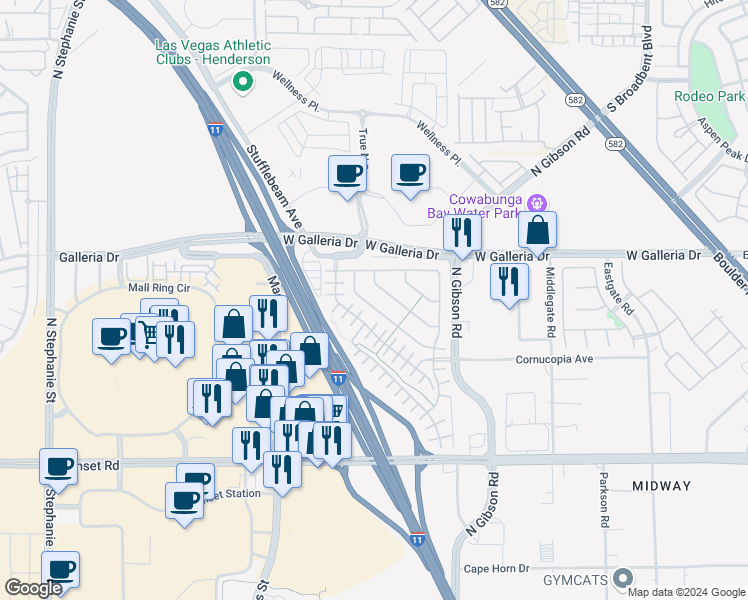 map of restaurants, bars, coffee shops, grocery stores, and more near 766 Crest Valley Place in Henderson