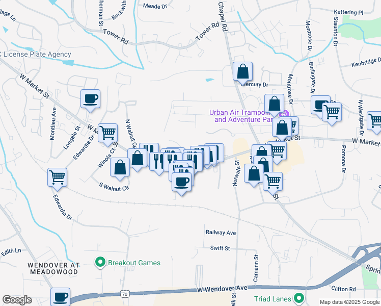 map of restaurants, bars, coffee shops, grocery stores, and more near 100 Thornton Court in Greensboro