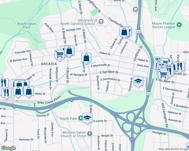 map of restaurants, bars, coffee shops, grocery stores, and more near 3 East Devonshire Street in Winston-Salem