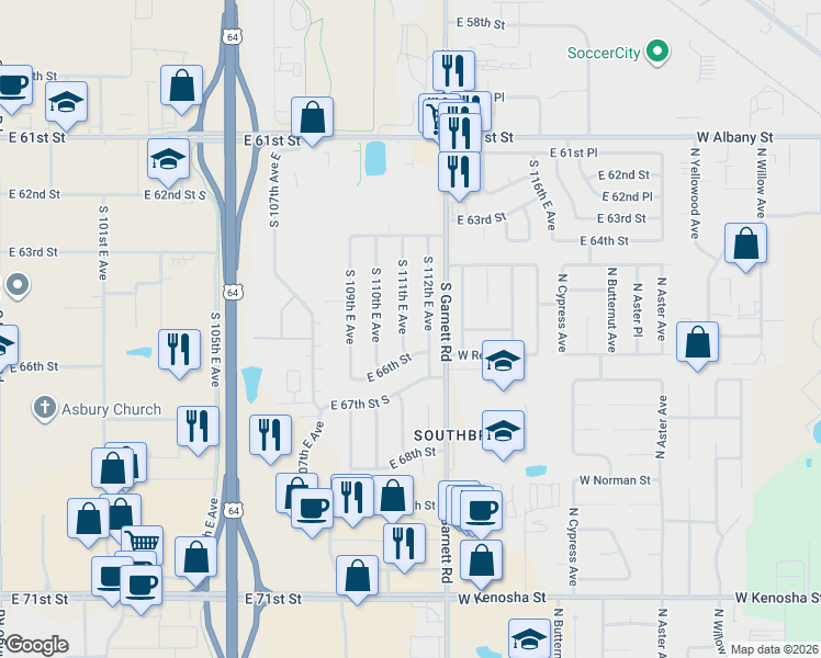 map of restaurants, bars, coffee shops, grocery stores, and more near 6542 South 111th East Avenue in Tulsa