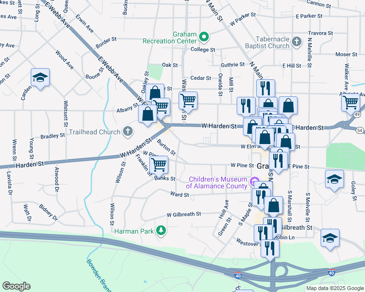 map of restaurants, bars, coffee shops, grocery stores, and more near 336 West Elm Street in Graham