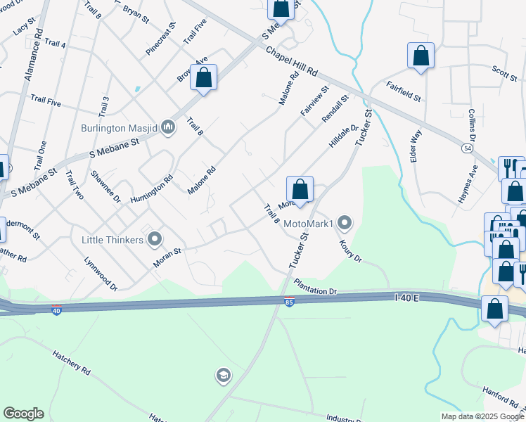 map of restaurants, bars, coffee shops, grocery stores, and more near 2303 Moran Street in Burlington