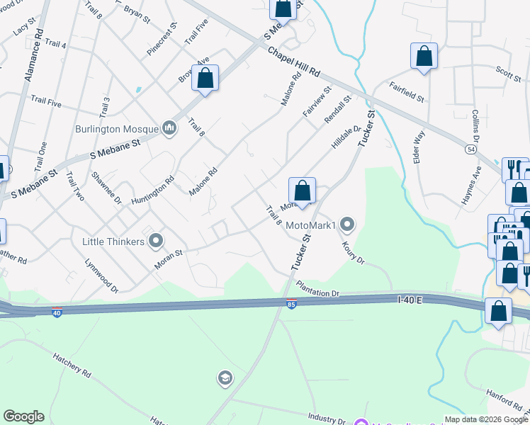 map of restaurants, bars, coffee shops, grocery stores, and more near 903 Trail 8 in Burlington