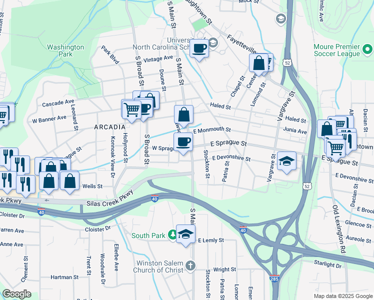 map of restaurants, bars, coffee shops, grocery stores, and more near 15 Southwest Devonshire Street in Winston-Salem