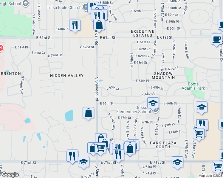 map of restaurants, bars, coffee shops, grocery stores, and more near 6627 East 65th Place in Tulsa