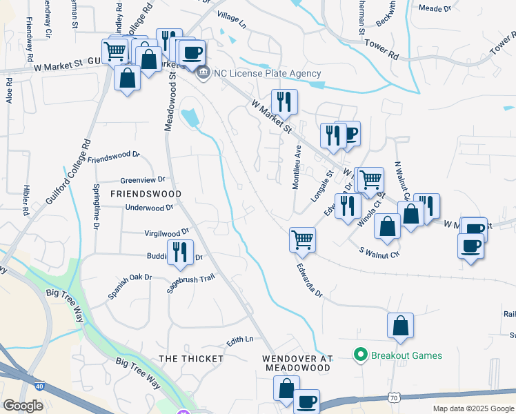 map of restaurants, bars, coffee shops, grocery stores, and more near 14 Brandy Drive in Greensboro