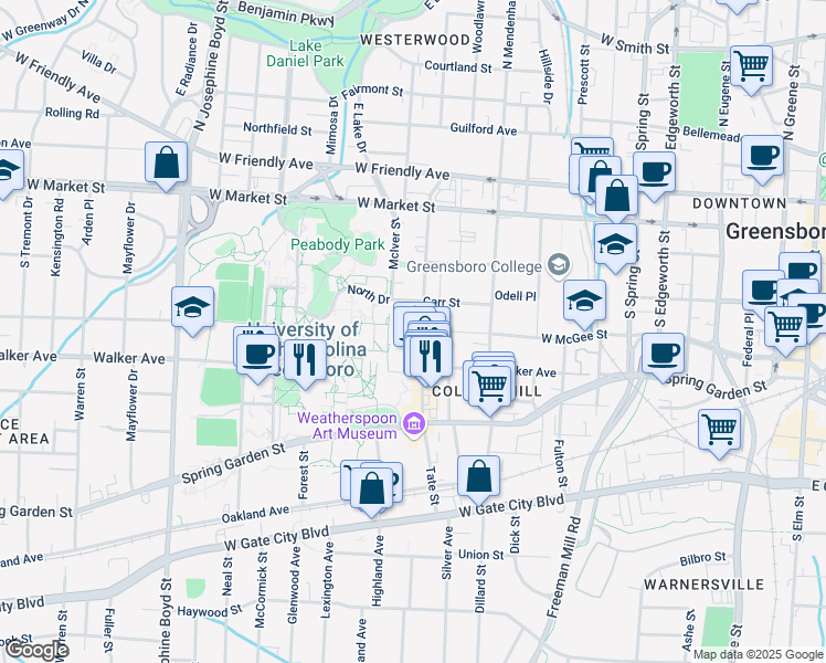 map of restaurants, bars, coffee shops, grocery stores, and more near 318 Tate Street in Greensboro