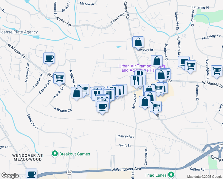 map of restaurants, bars, coffee shops, grocery stores, and more near 102 Thornton Court in Greensboro