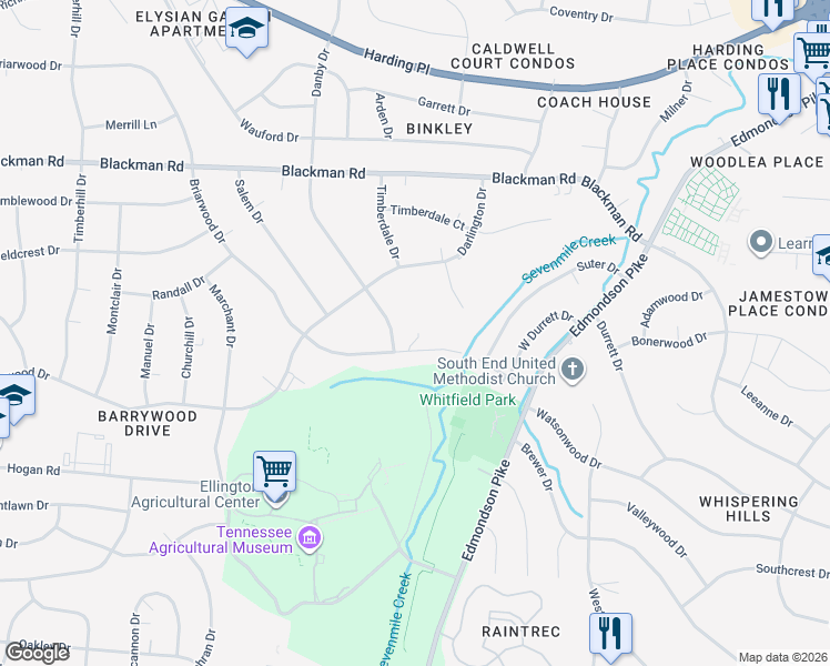 map of restaurants, bars, coffee shops, grocery stores, and more near 5028 Briarwood Drive in Nashville