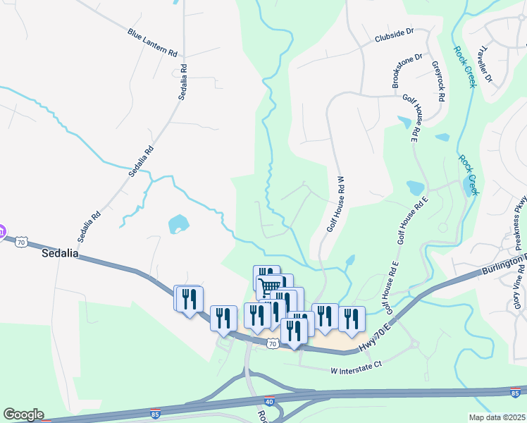map of restaurants, bars, coffee shops, grocery stores, and more near 874 Creek Crossing Trail in Whitsett
