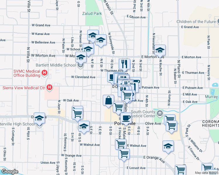 map of restaurants, bars, coffee shops, grocery stores, and more near 215 North D Street in Porterville