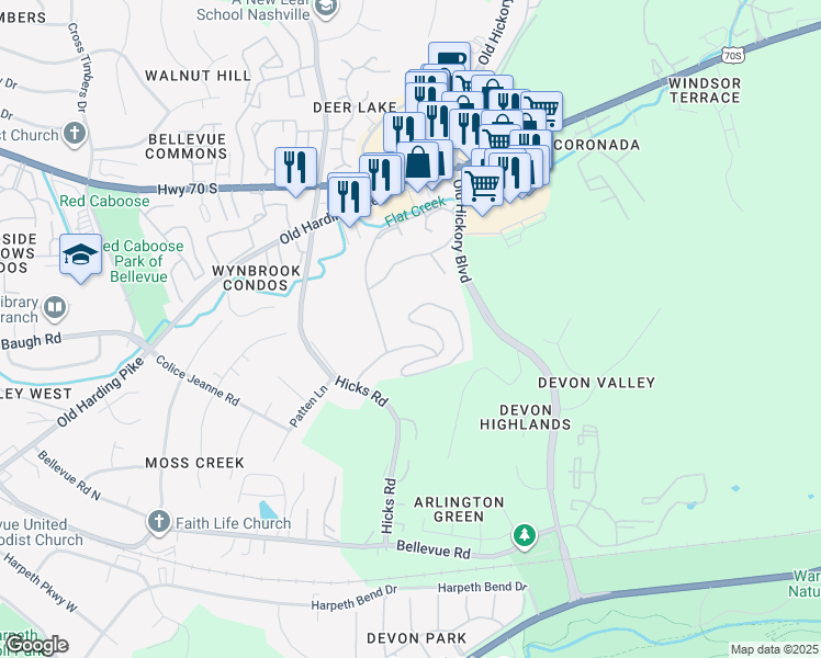 map of restaurants, bars, coffee shops, grocery stores, and more near 184 Hicks Road in Nashville