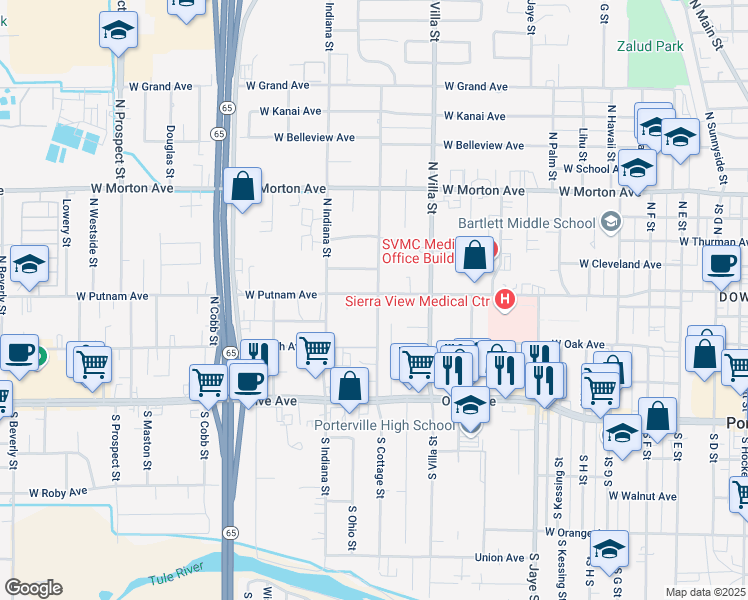 map of restaurants, bars, coffee shops, grocery stores, and more near 168 North Cottage Street in Porterville